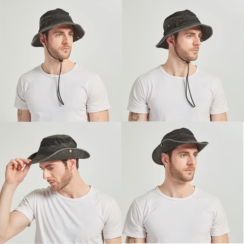 KeepSa Sun Hat for Men, Cotton Embroidery Summer Outdoor Sun Protection Wide Brim Bucket Hat Foldable Safari Boonie Hat Black - Image 5